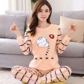 Spring and Autumn Fashion New Pajamas Set Women's Long Sleeve O-Neck Pullover Pants Large Size Home Service Set X3915875