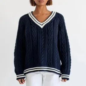 Toleet-Women's Cable Knit Sweater Loose Contrast Trim V Neck Long Sleeve Pullover Tops for Fall Winter Sweaters