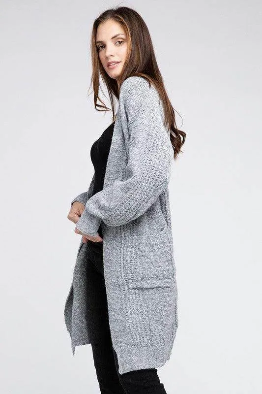 Twist Knitted Open Front Cardigan With Pockets