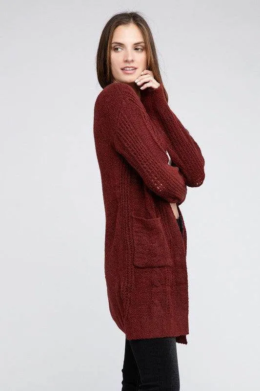 Twist Knitted Open Front Cardigan With Pockets