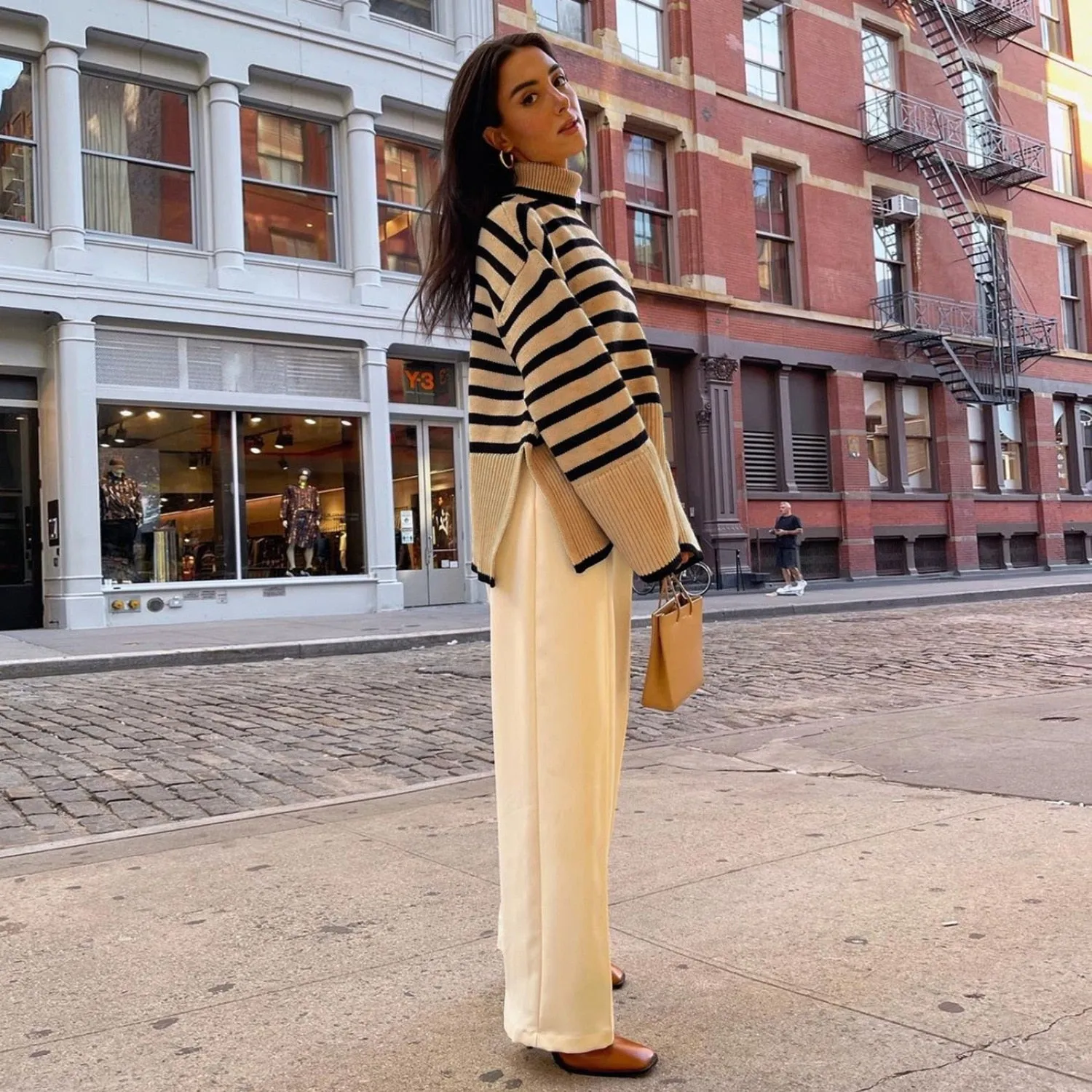 Wjczt Autumn New Women's High Collar Knitted Sweater Striped Slit Pullover Oversized Sweater Winter Clothes Women Thick Sweaters