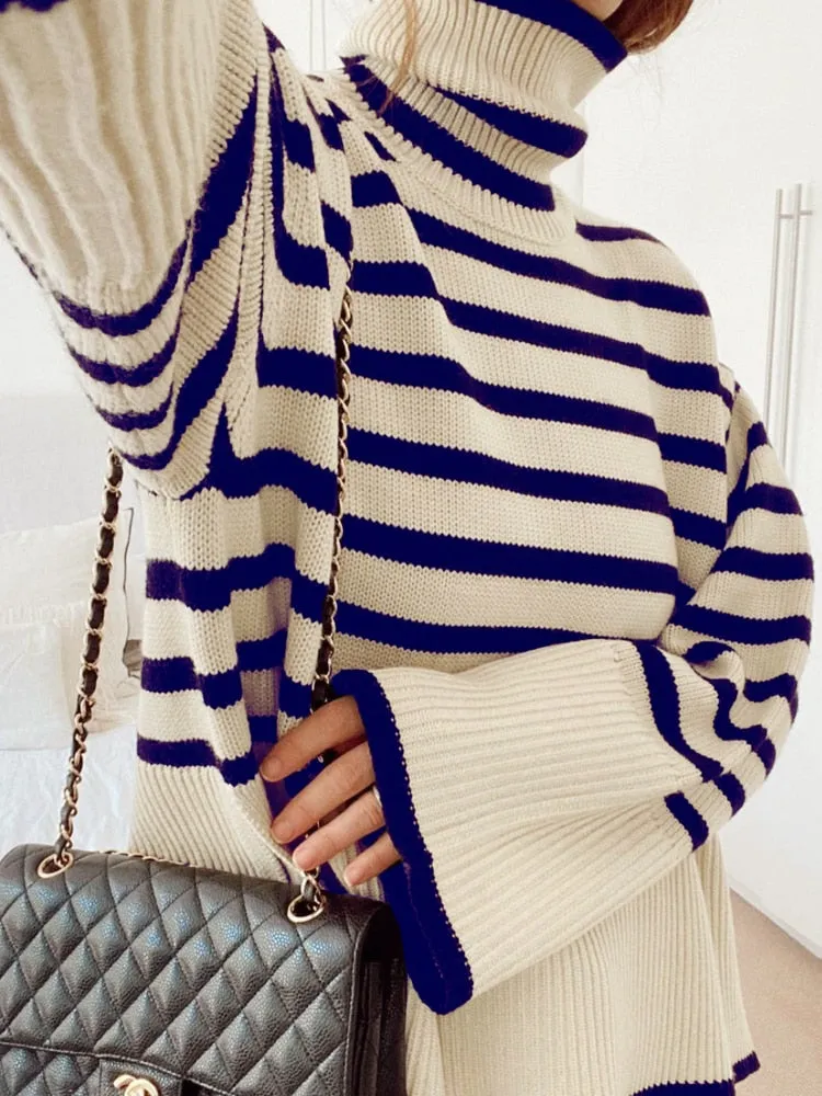 Wjczt Autumn New Women's High Collar Knitted Sweater Striped Slit Pullover Oversized Sweater Winter Clothes Women Thick Sweaters