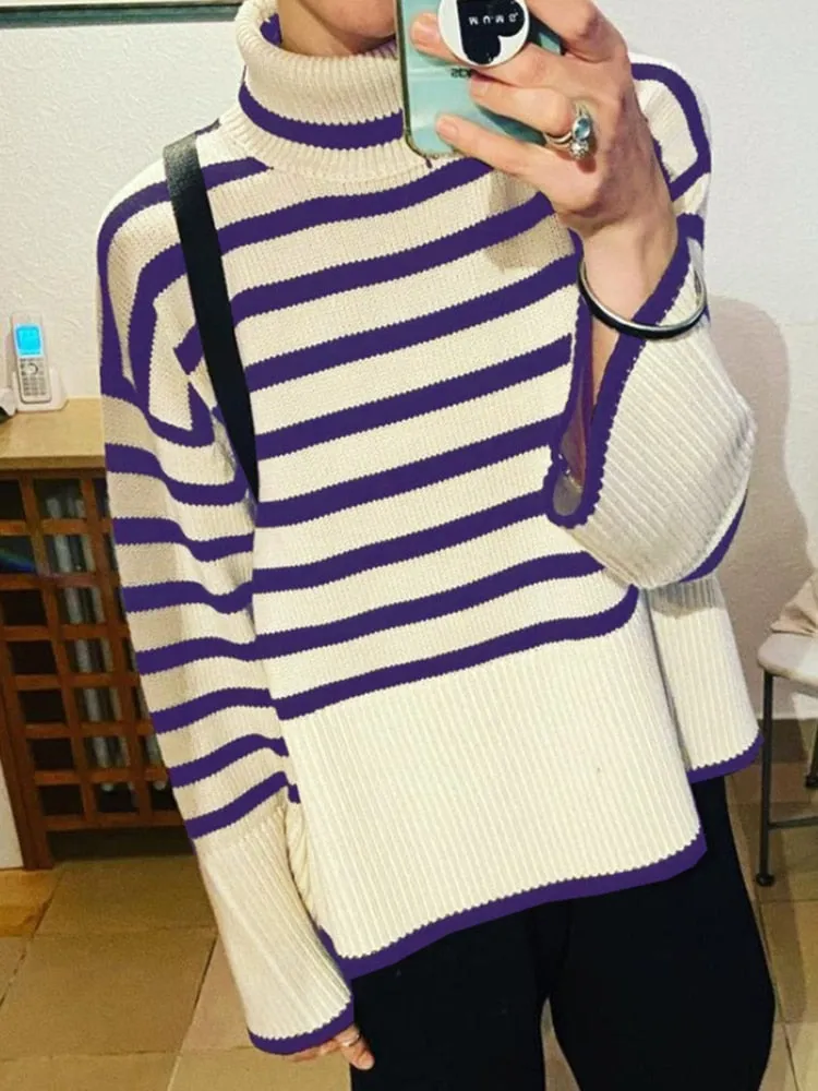 Wjczt Autumn New Women's High Collar Knitted Sweater Striped Slit Pullover Oversized Sweater Winter Clothes Women Thick Sweaters