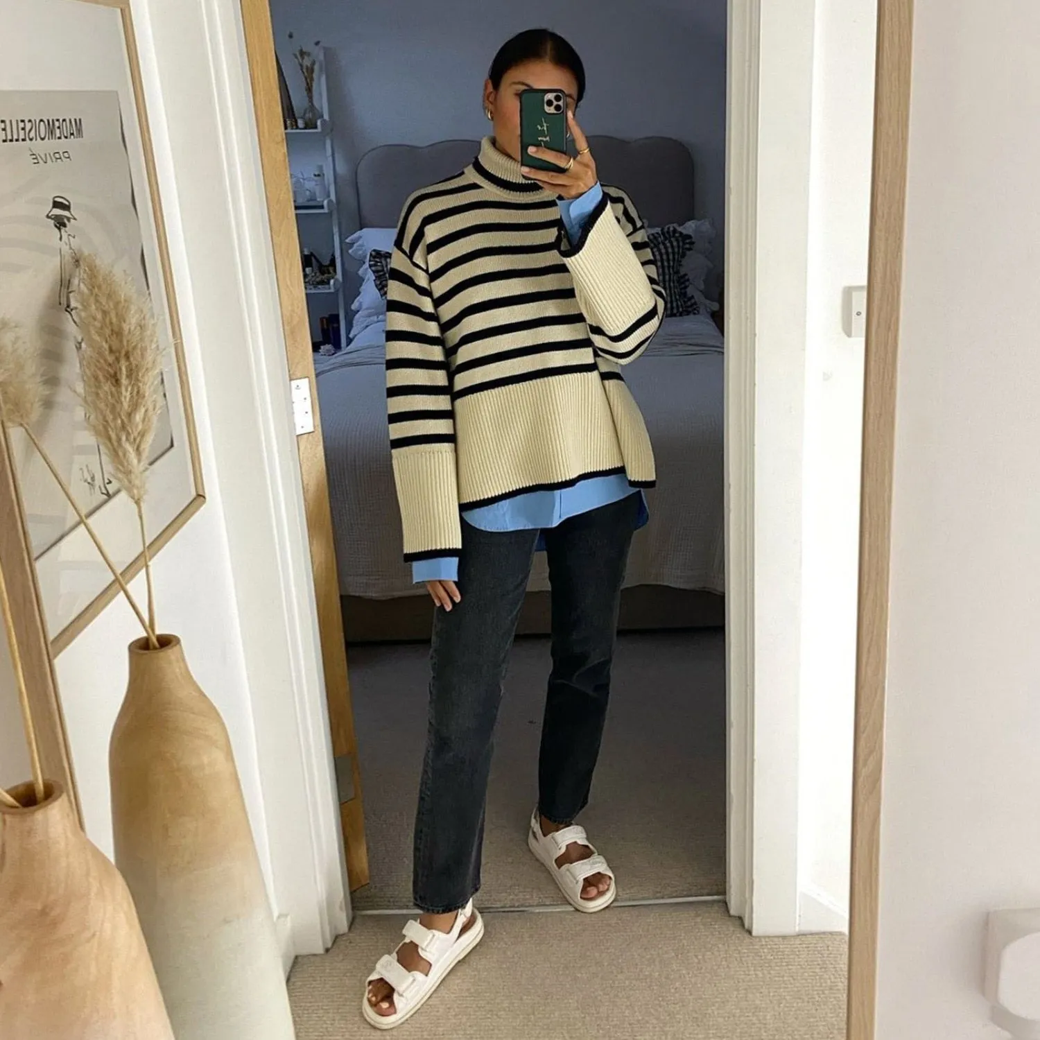 Wjczt Autumn New Women's High Collar Knitted Sweater Striped Slit Pullover Oversized Sweater Winter Clothes Women Thick Sweaters