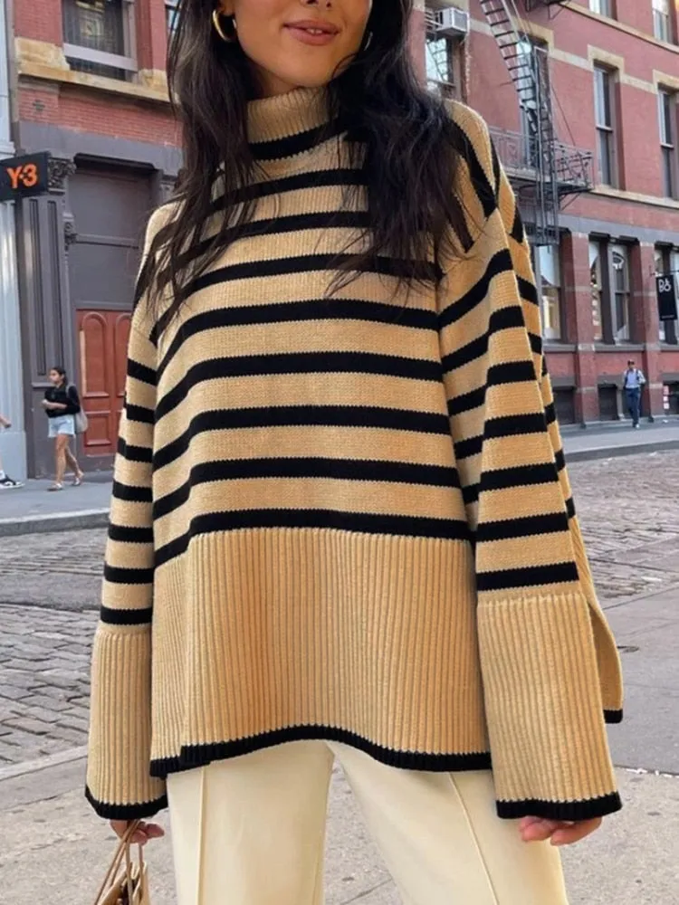 Wjczt Autumn New Women's High Collar Knitted Sweater Striped Slit Pullover Oversized Sweater Winter Clothes Women Thick Sweaters