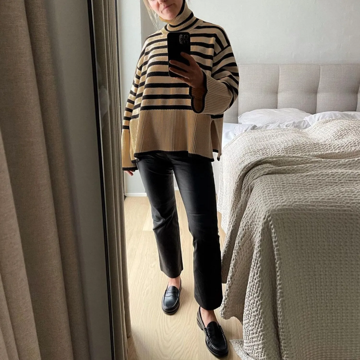 Wjczt Autumn New Women's High Collar Knitted Sweater Striped Slit Pullover Oversized Sweater Winter Clothes Women Thick Sweaters