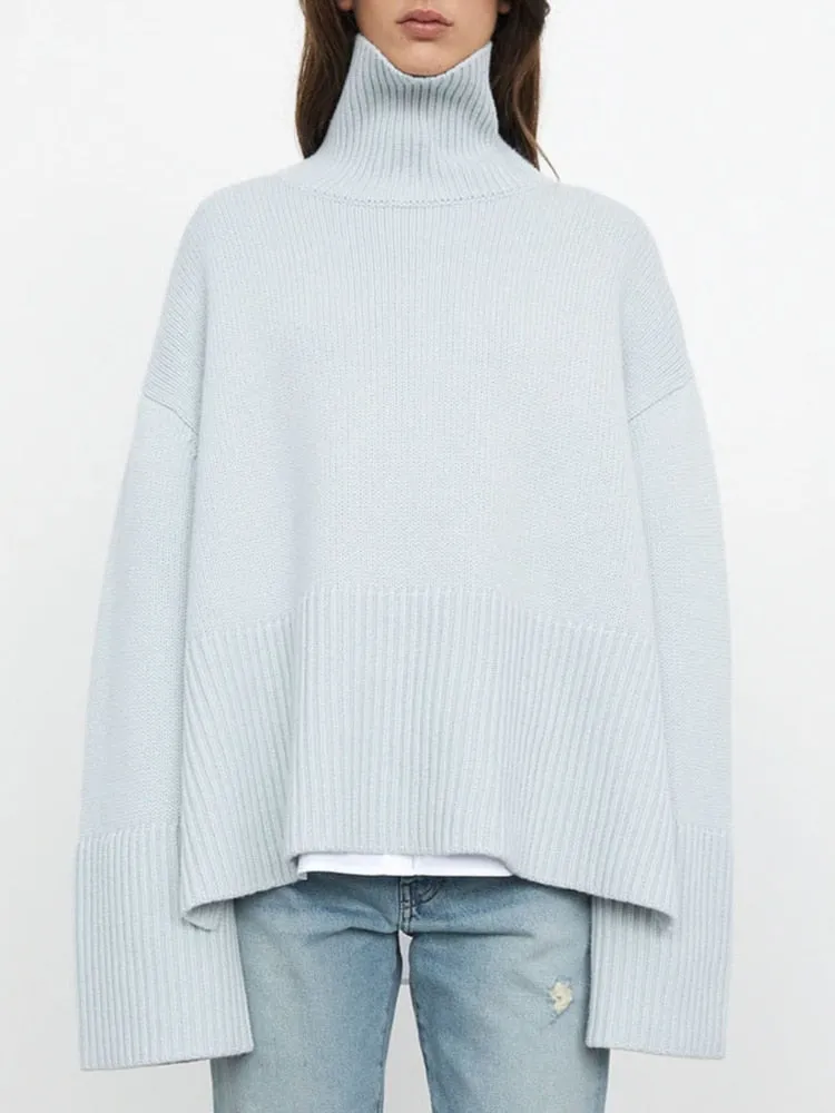 Wjczt Autumn New Women's High Collar Knitted Sweater Striped Slit Pullover Oversized Sweater Winter Clothes Women Thick Sweaters