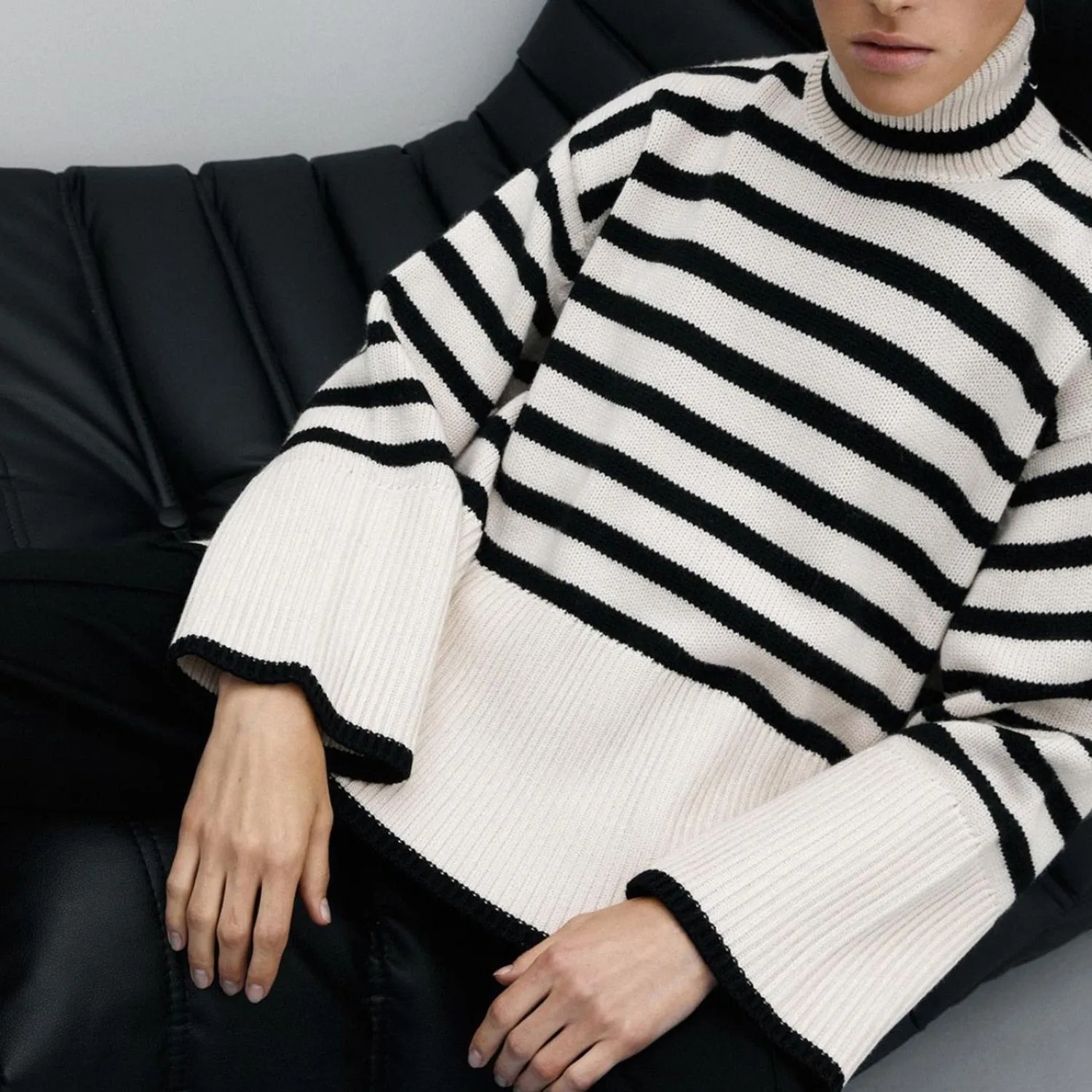 Wjczt Autumn New Women's High Collar Knitted Sweater Striped Slit Pullover Oversized Sweater Winter Clothes Women Thick Sweaters