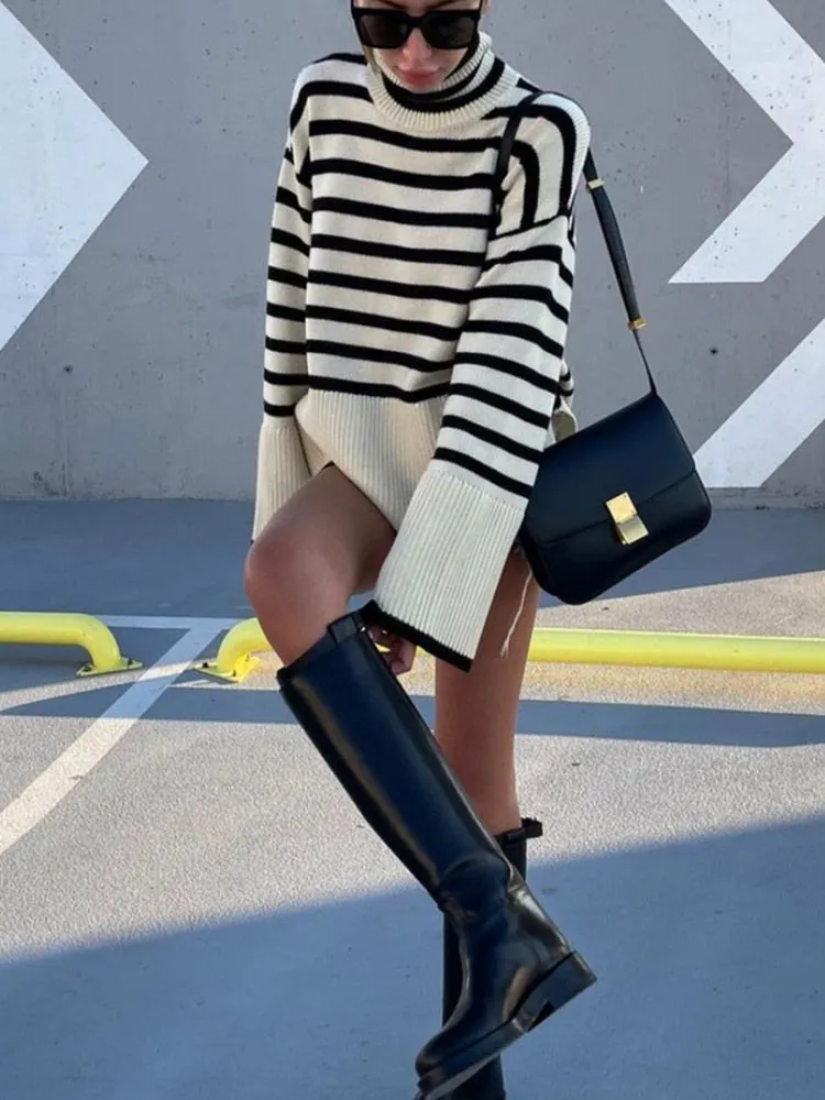 Wjczt Autumn New Women's High Collar Knitted Sweater Striped Slit Pullover Oversized Sweater Winter Clothes Women Thick Sweaters