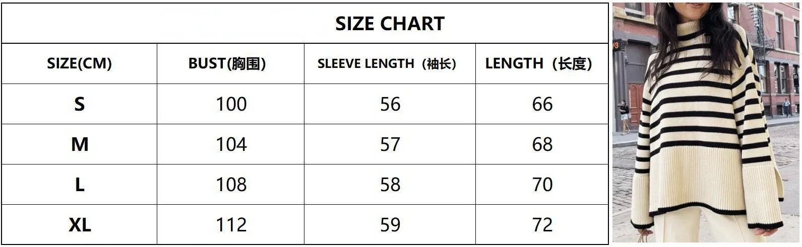 Wjczt Autumn New Women's High Collar Knitted Sweater Striped Slit Pullover Oversized Sweater Winter Clothes Women Thick Sweaters