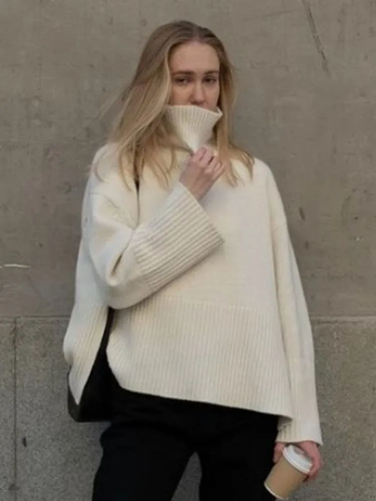 Wjczt Autumn New Women's High Collar Knitted Sweater Striped Slit Pullover Oversized Sweater Winter Clothes Women Thick Sweaters