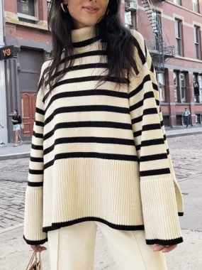 Wjczt Autumn New Women's High Collar Knitted Sweater Striped Slit Pullover Oversized Sweater Winter Clothes Women Thick Sweaters