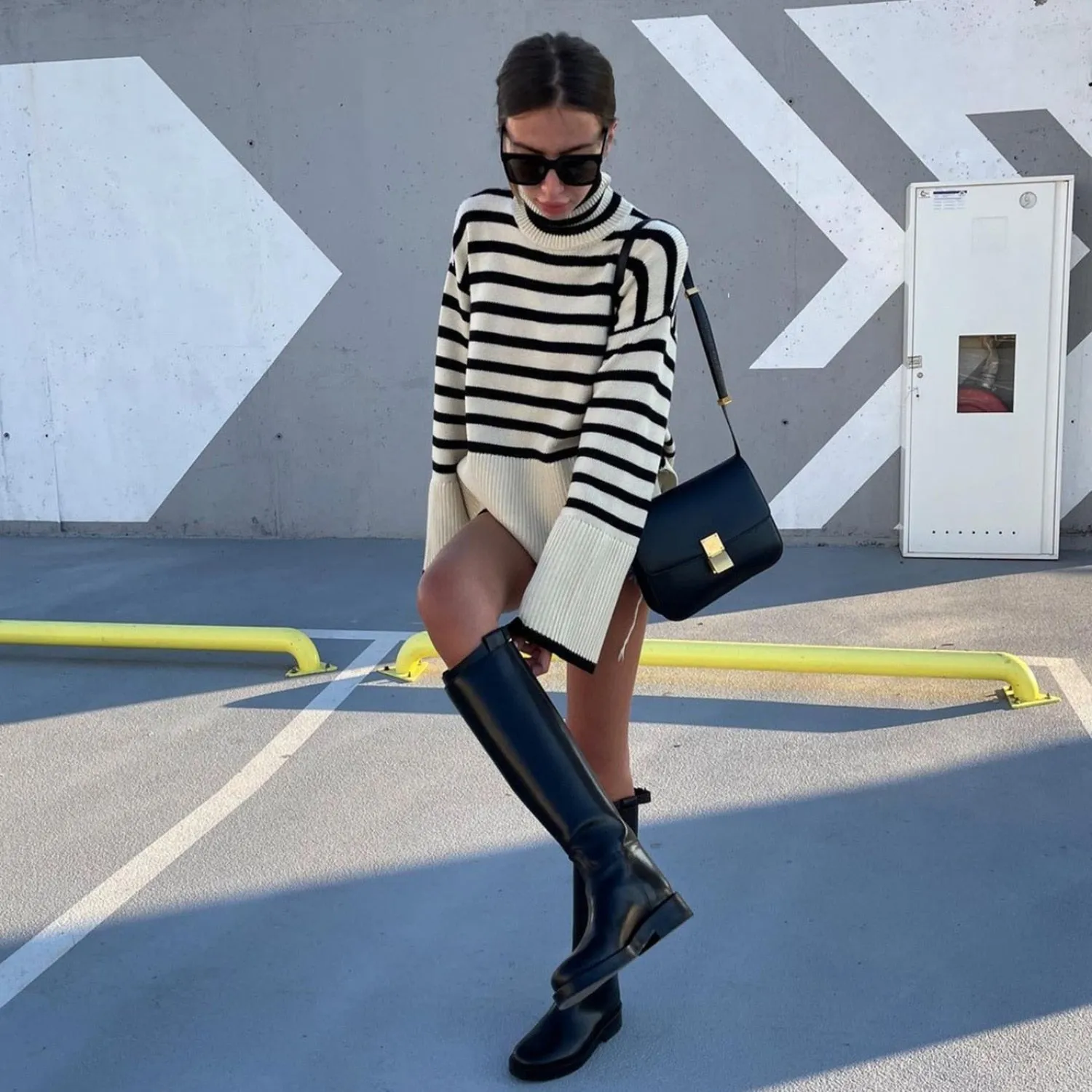 Wjczt Autumn New Women's High Collar Knitted Sweater Striped Slit Pullover Oversized Sweater Winter Clothes Women Thick Sweaters