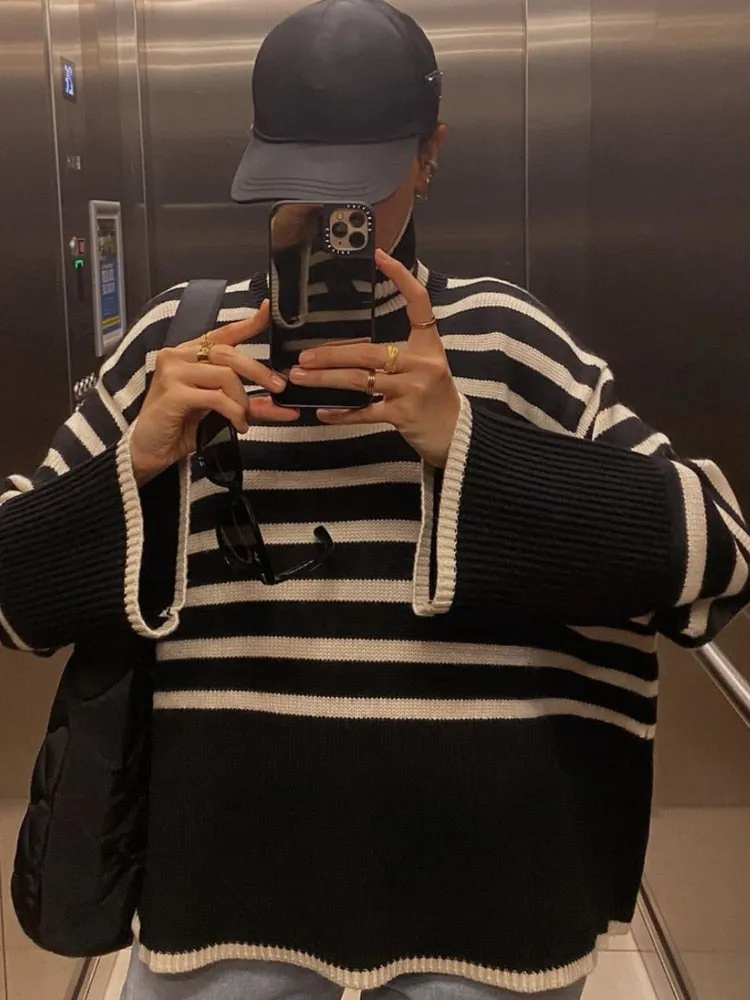 Wjczt Autumn New Women's High Collar Knitted Sweater Striped Slit Pullover Oversized Sweater Winter Clothes Women Thick Sweaters