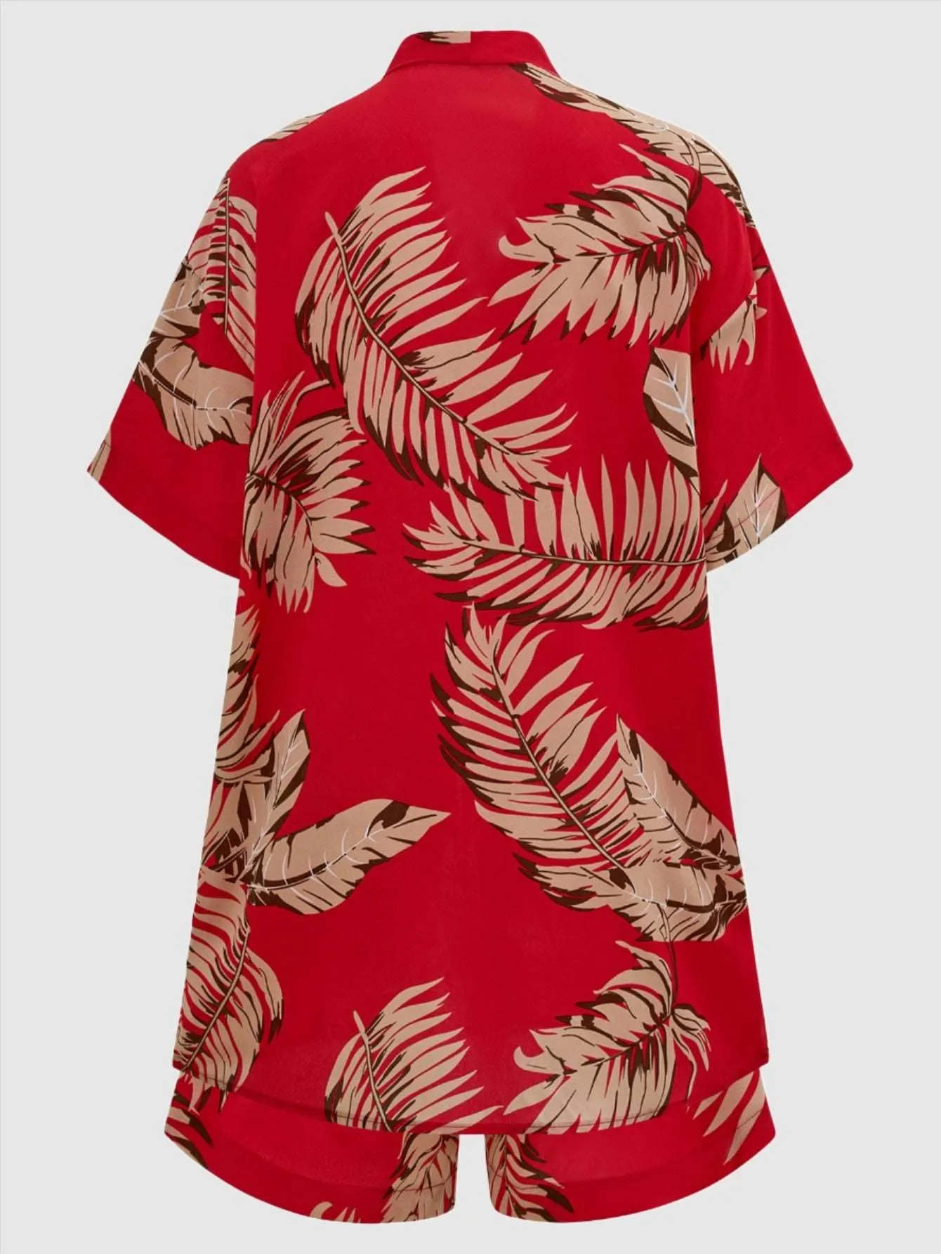 Women's Casual Leaves Print Short Sleeved Shirt And Shorts Outfit Set