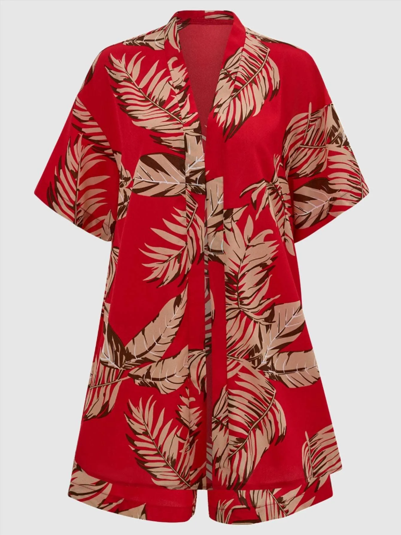 Women's Casual Leaves Print Short Sleeved Shirt And Shorts Outfit Set