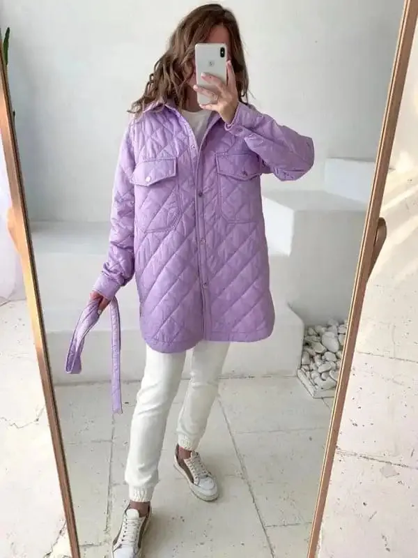 Women’s diamond-patterned cotton Jacket with long lapels with buttons.