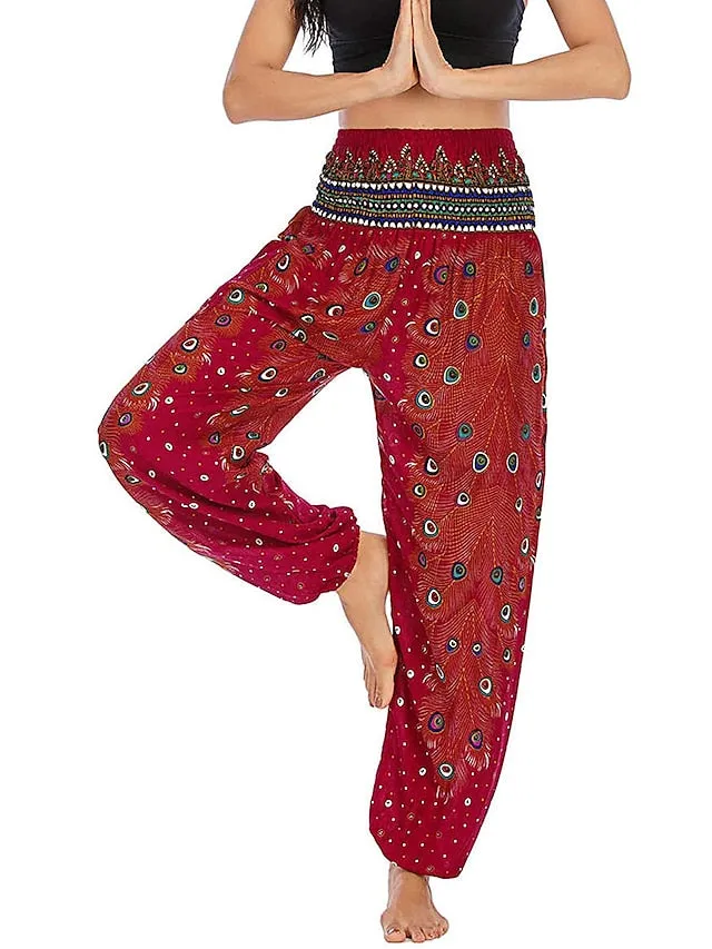 Women's Pants Side Pockets Elastic Waistband Paisley High Waist Yoga Fitness Gym Workout Bottoms Peacock Feather Light Purple Black Green Sports Activewear Athleisure