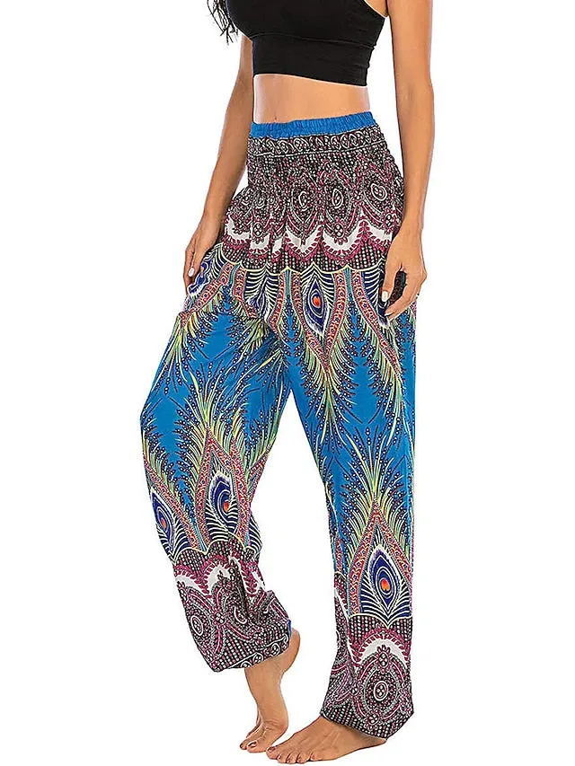 Women's Pants Side Pockets Elastic Waistband Paisley High Waist Yoga Fitness Gym Workout Bottoms Peacock Feather Light Purple Black Green Sports Activewear Athleisure
