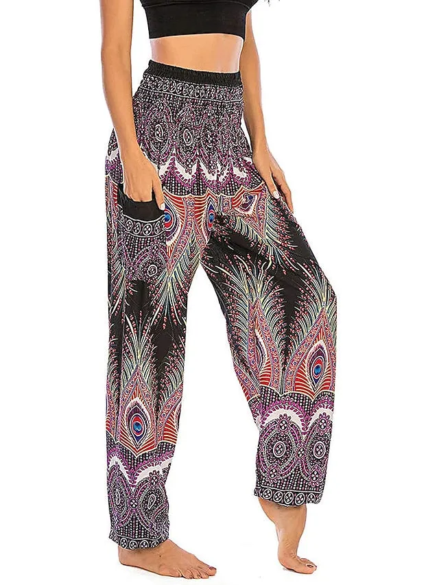 Women's Pants Side Pockets Elastic Waistband Paisley High Waist Yoga Fitness Gym Workout Bottoms Peacock Feather Light Purple Black Green Sports Activewear Athleisure