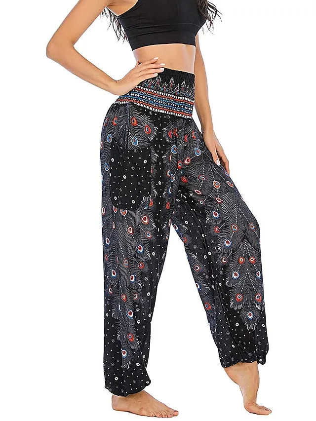 Women's Pants Side Pockets Elastic Waistband Paisley High Waist Yoga Fitness Gym Workout Bottoms Peacock Feather Light Purple Black Green Sports Activewear Athleisure