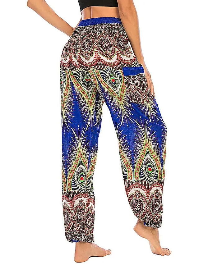 Women's Pants Side Pockets Elastic Waistband Paisley High Waist Yoga Fitness Gym Workout Bottoms Peacock Feather Light Purple Black Green Sports Activewear Athleisure