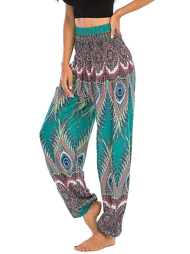 Women's Pants Side Pockets Elastic Waistband Paisley High Waist Yoga Fitness Gym Workout Bottoms Peacock Feather Light Purple Black Green Sports Activewear Athleisure