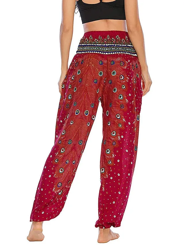 Women's Pants Side Pockets Elastic Waistband Paisley High Waist Yoga Fitness Gym Workout Bottoms Peacock Feather Light Purple Black Green Sports Activewear Athleisure