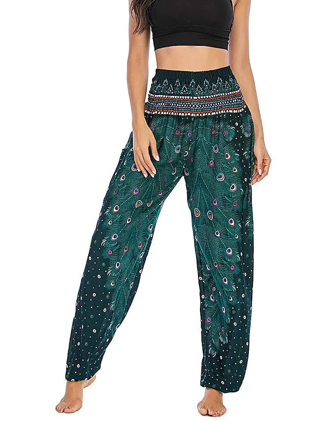 Women's Pants Side Pockets Elastic Waistband Paisley High Waist Yoga Fitness Gym Workout Bottoms Peacock Feather Light Purple Black Green Sports Activewear Athleisure