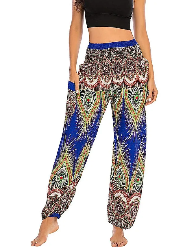 Women's Pants Side Pockets Elastic Waistband Paisley High Waist Yoga Fitness Gym Workout Bottoms Peacock Feather Light Purple Black Green Sports Activewear Athleisure