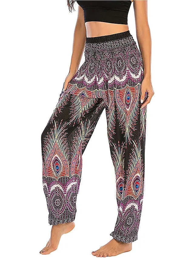 Women's Pants Side Pockets Elastic Waistband Paisley High Waist Yoga Fitness Gym Workout Bottoms Peacock Feather Light Purple Black Green Sports Activewear Athleisure