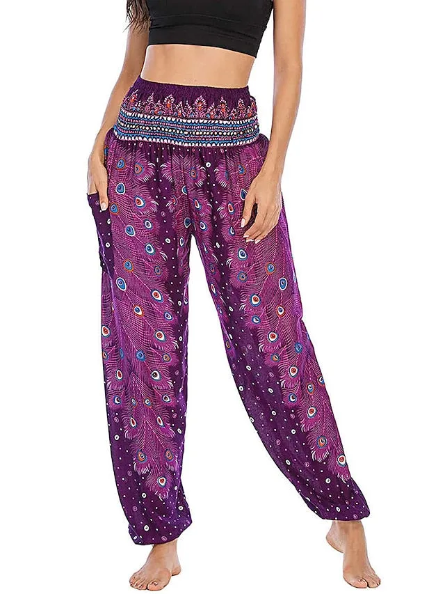 Women's Pants Side Pockets Elastic Waistband Paisley High Waist Yoga Fitness Gym Workout Bottoms Peacock Feather Light Purple Black Green Sports Activewear Athleisure
