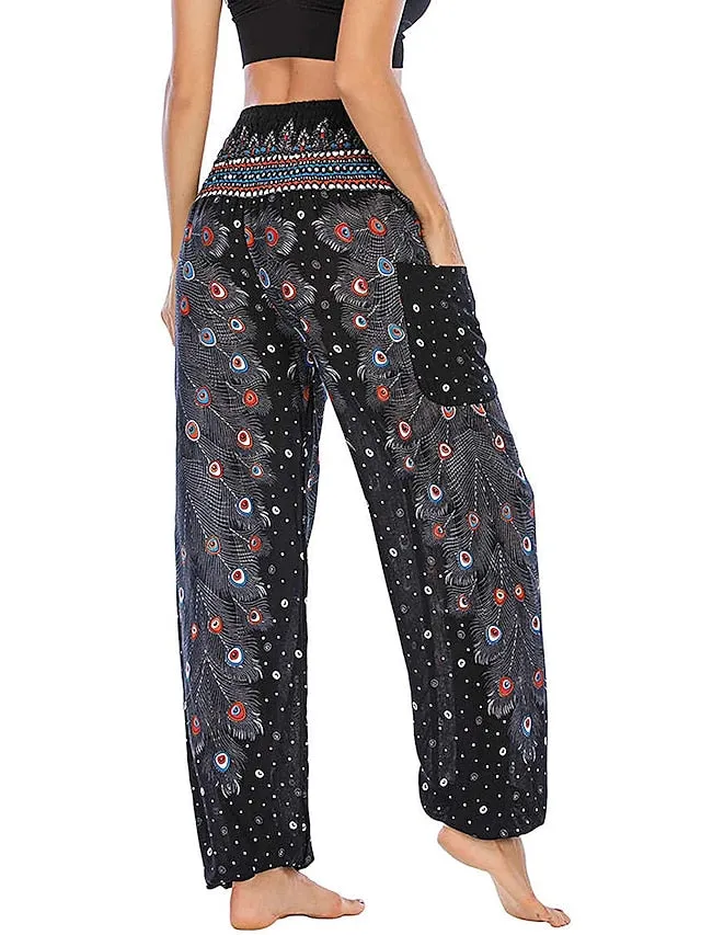 Women's Pants Side Pockets Elastic Waistband Paisley High Waist Yoga Fitness Gym Workout Bottoms Peacock Feather Light Purple Black Green Sports Activewear Athleisure