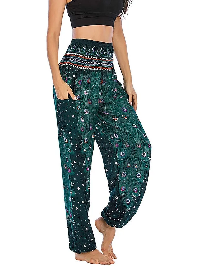 Women's Pants Side Pockets Elastic Waistband Paisley High Waist Yoga Fitness Gym Workout Bottoms Peacock Feather Light Purple Black Green Sports Activewear Athleisure