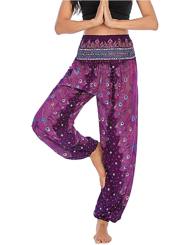 Women's Pants Side Pockets Elastic Waistband Paisley High Waist Yoga Fitness Gym Workout Bottoms Peacock Feather Light Purple Black Green Sports Activewear Athleisure