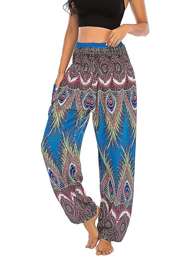 Women's Pants Side Pockets Elastic Waistband Paisley High Waist Yoga Fitness Gym Workout Bottoms Peacock Feather Light Purple Black Green Sports Activewear Athleisure