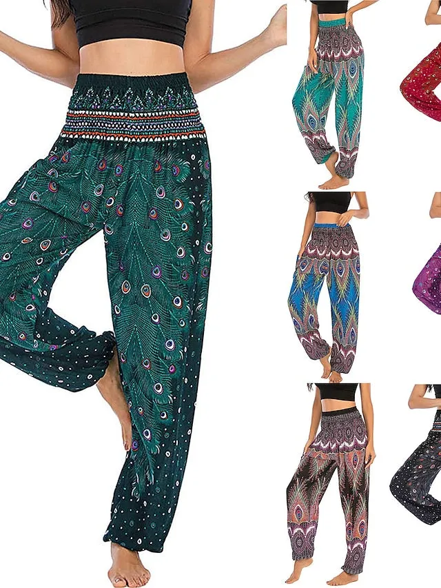 Women's Pants Side Pockets Elastic Waistband Paisley High Waist Yoga Fitness Gym Workout Bottoms Peacock Feather Light Purple Black Green Sports Activewear Athleisure