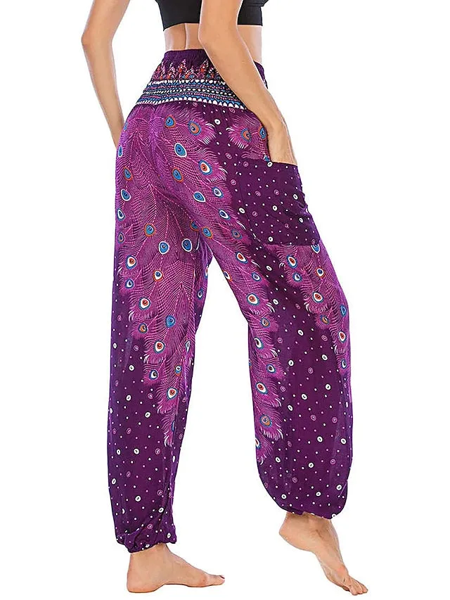 Women's Pants Side Pockets Elastic Waistband Paisley High Waist Yoga Fitness Gym Workout Bottoms Peacock Feather Light Purple Black Green Sports Activewear Athleisure