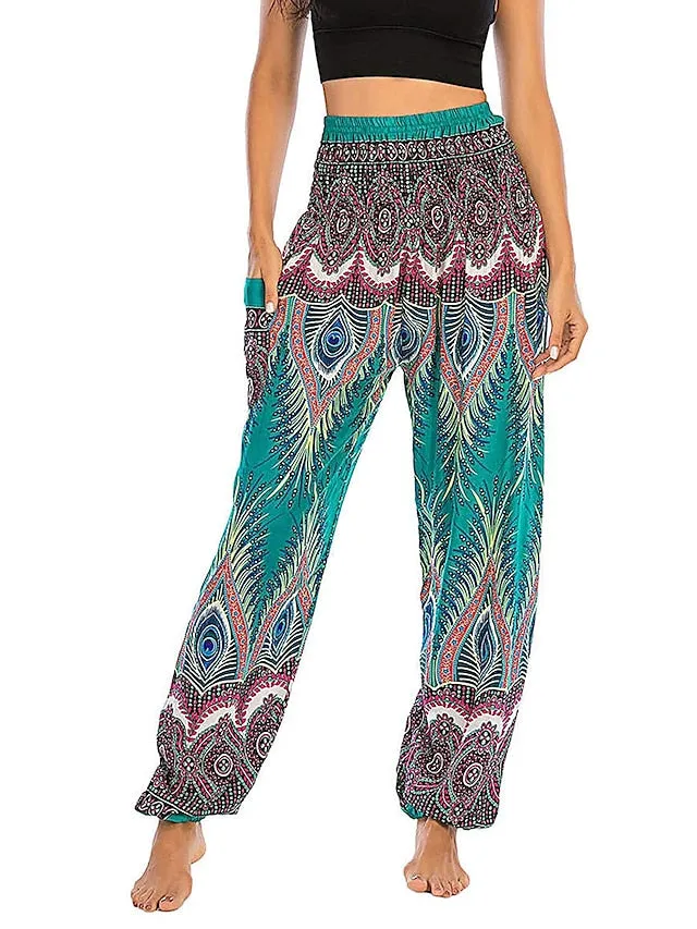Women's Pants Side Pockets Elastic Waistband Paisley High Waist Yoga Fitness Gym Workout Bottoms Peacock Feather Light Purple Black Green Sports Activewear Athleisure