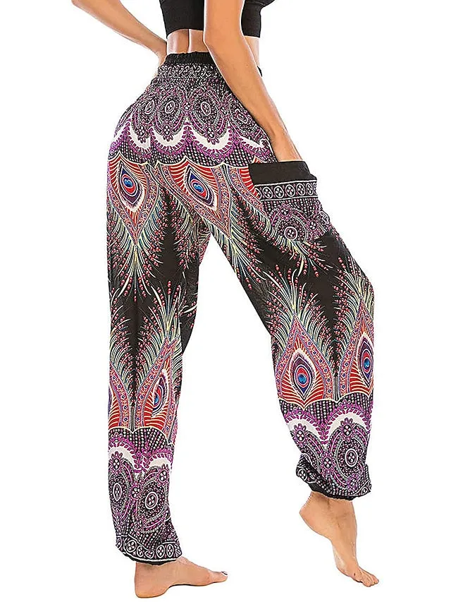 Women's Pants Side Pockets Elastic Waistband Paisley High Waist Yoga Fitness Gym Workout Bottoms Peacock Feather Light Purple Black Green Sports Activewear Athleisure