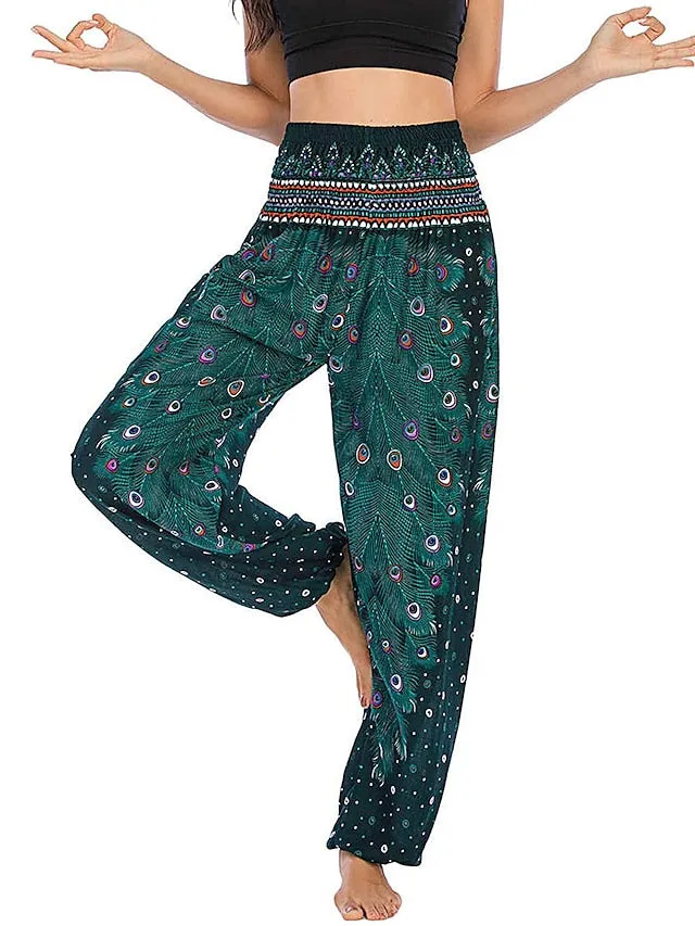 Women's Pants Side Pockets Elastic Waistband Paisley High Waist Yoga Fitness Gym Workout Bottoms Peacock Feather Light Purple Black Green Sports Activewear Athleisure