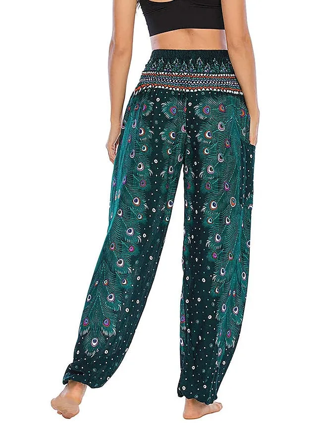 Women's Pants Side Pockets Elastic Waistband Paisley High Waist Yoga Fitness Gym Workout Bottoms Peacock Feather Light Purple Black Green Sports Activewear Athleisure