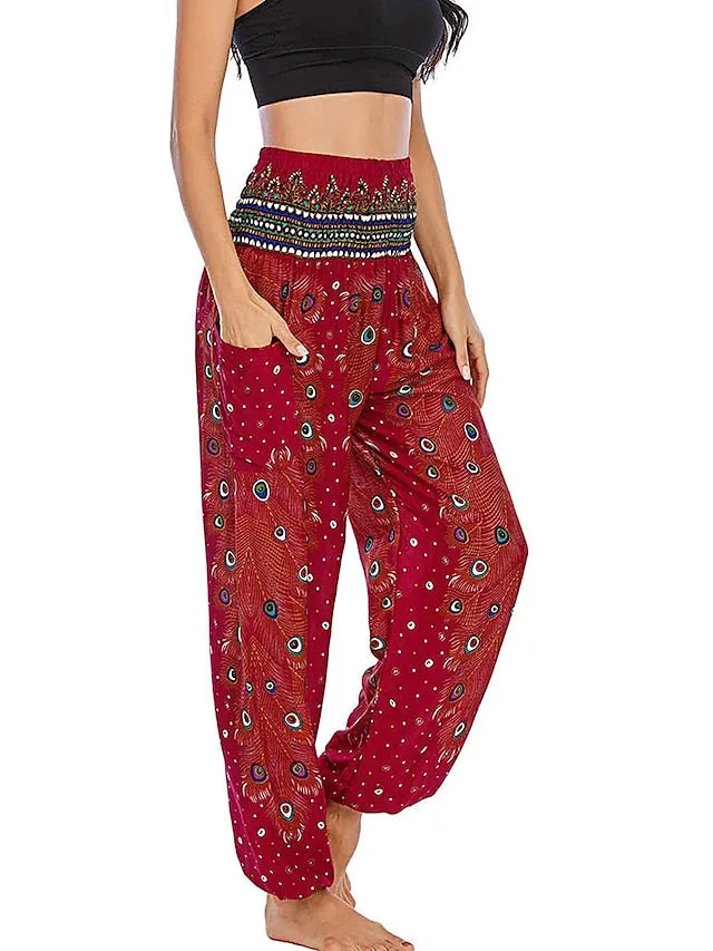 Women's Pants Side Pockets Elastic Waistband Paisley High Waist Yoga Fitness Gym Workout Bottoms Peacock Feather Light Purple Black Green Sports Activewear Athleisure
