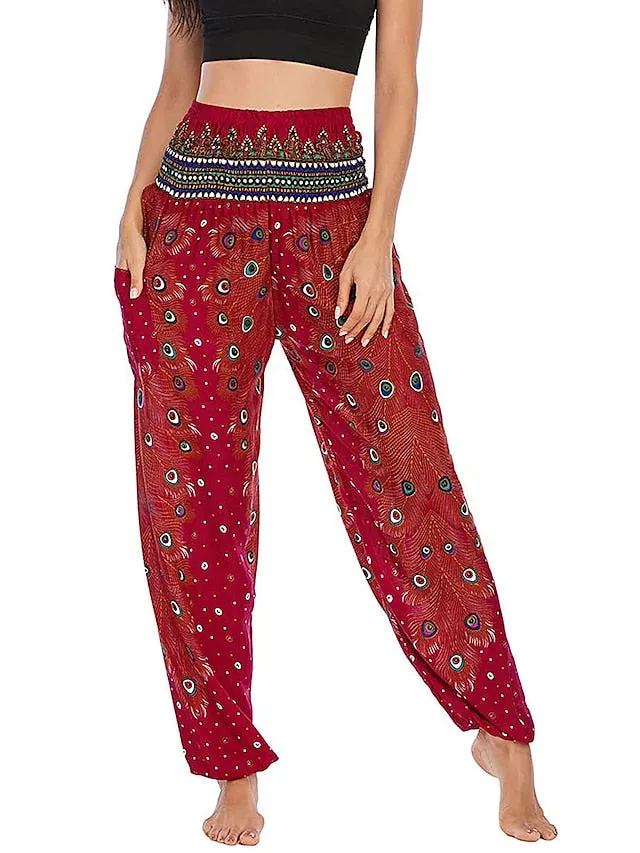 Women's Pants Side Pockets Elastic Waistband Paisley High Waist Yoga Fitness Gym Workout Bottoms Peacock Feather Light Purple Black Green Sports Activewear Athleisure