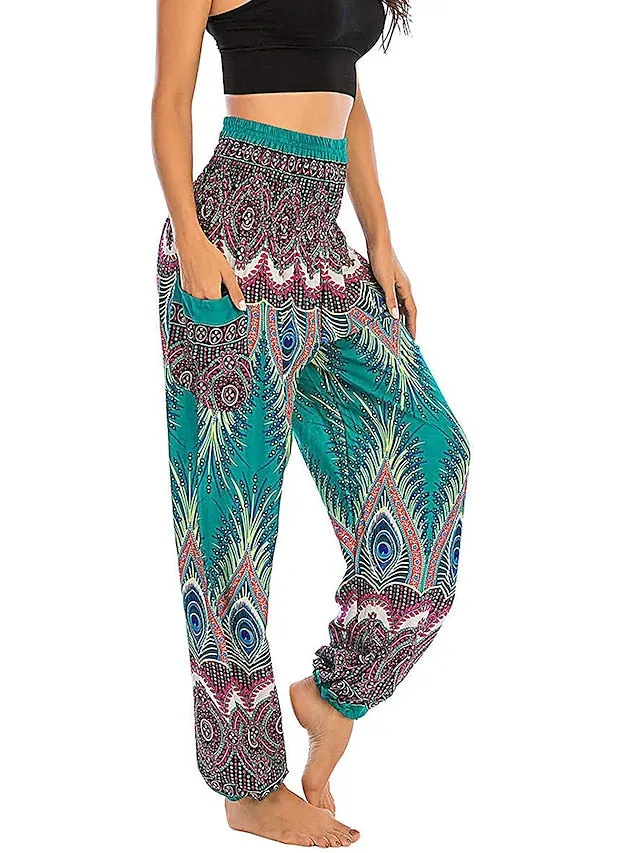 Women's Pants Side Pockets Elastic Waistband Paisley High Waist Yoga Fitness Gym Workout Bottoms Peacock Feather Light Purple Black Green Sports Activewear Athleisure