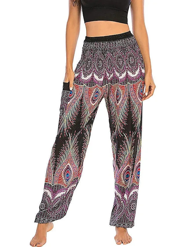 Women's Pants Side Pockets Elastic Waistband Paisley High Waist Yoga Fitness Gym Workout Bottoms Peacock Feather Light Purple Black Green Sports Activewear Athleisure