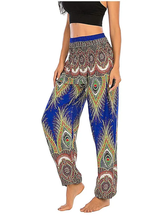 Women's Pants Side Pockets Elastic Waistband Paisley High Waist Yoga Fitness Gym Workout Bottoms Peacock Feather Light Purple Black Green Sports Activewear Athleisure