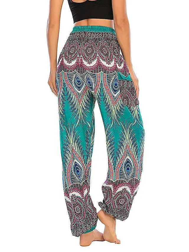 Women's Pants Side Pockets Elastic Waistband Paisley High Waist Yoga Fitness Gym Workout Bottoms Peacock Feather Light Purple Black Green Sports Activewear Athleisure