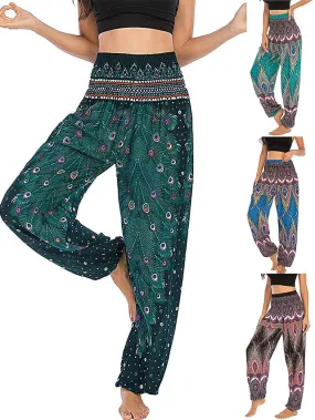 Women's Pants Side Pockets Elastic Waistband Paisley High Waist Yoga Fitness Gym Workout Bottoms Peacock Feather Light Purple Black Green Sports Activewear Athleisure