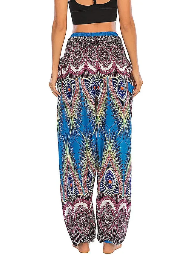 Women's Pants Side Pockets Elastic Waistband Paisley High Waist Yoga Fitness Gym Workout Bottoms Peacock Feather Light Purple Black Green Sports Activewear Athleisure